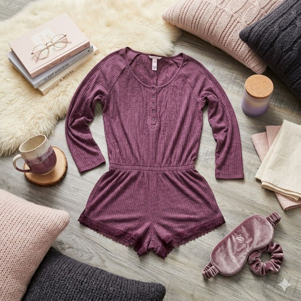 Victoria's Secret Maroon Burgundy Henley Sleep Romper Pajamas Lace Trim Small S